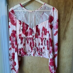 Free People Red and Pink Floral Lace Blouse